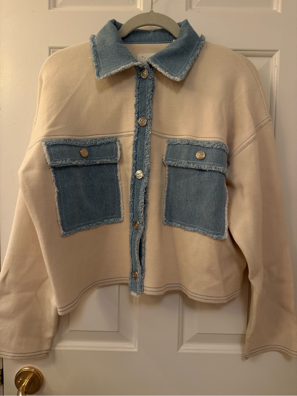 Sandro Cream Cropped Jacket with Light Blue Denim Trim